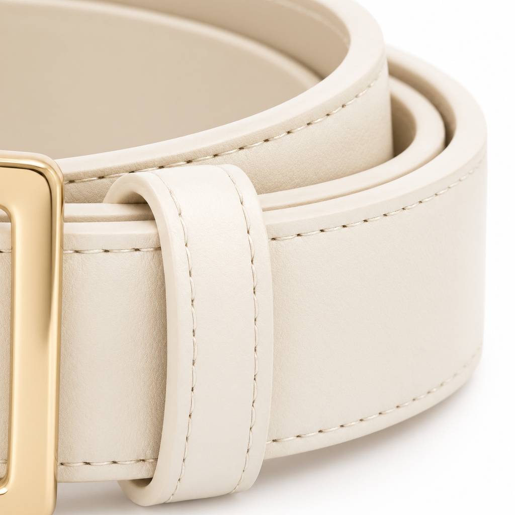 Gold buckle on Naldony leather belt in cream.