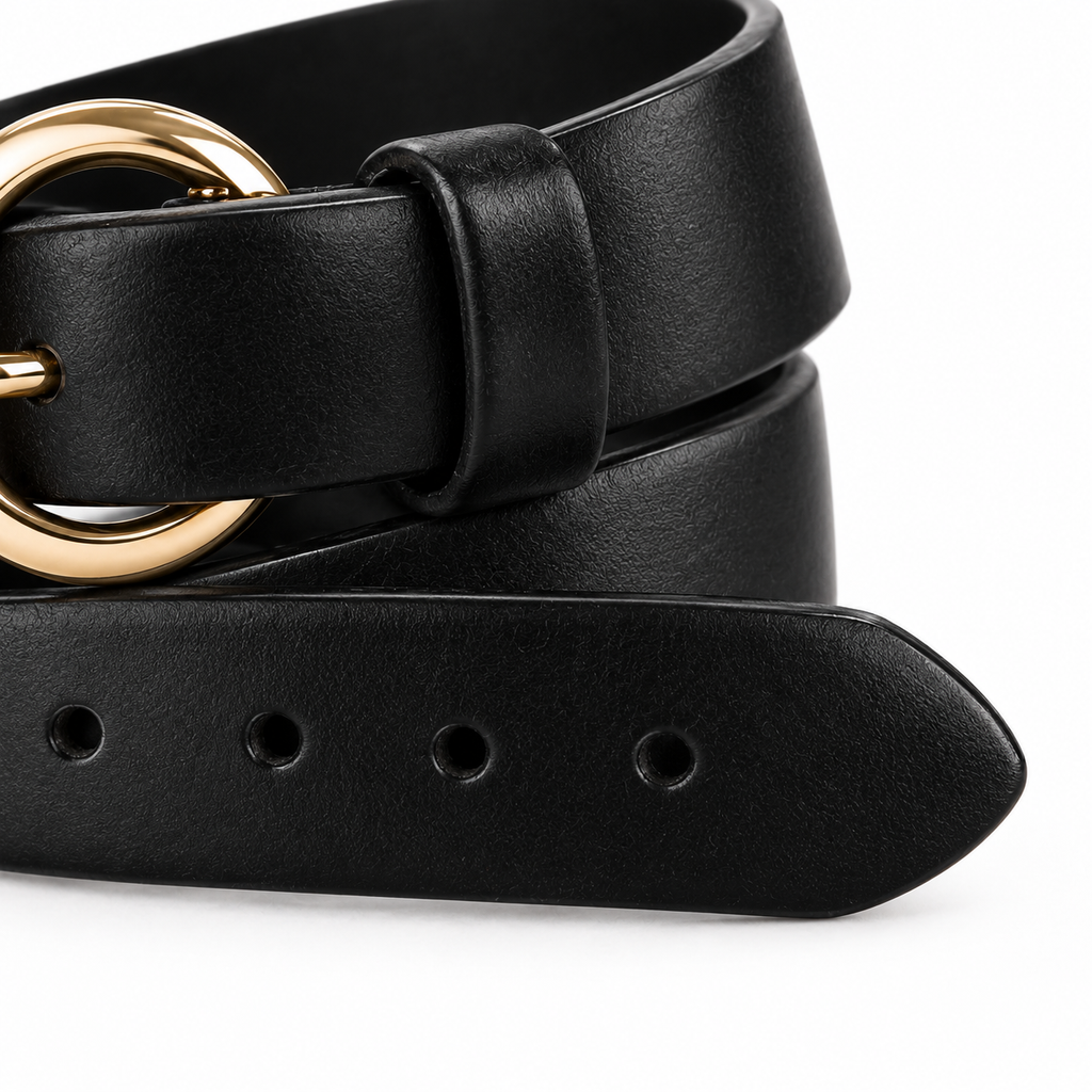 Top view of black leather belt with gold buckle.