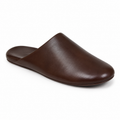 Brown leather slip-on slipper, side view.