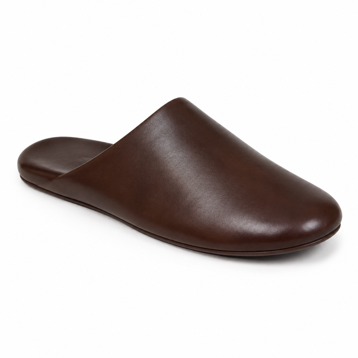 Brown leather slip-on slipper, side view.
