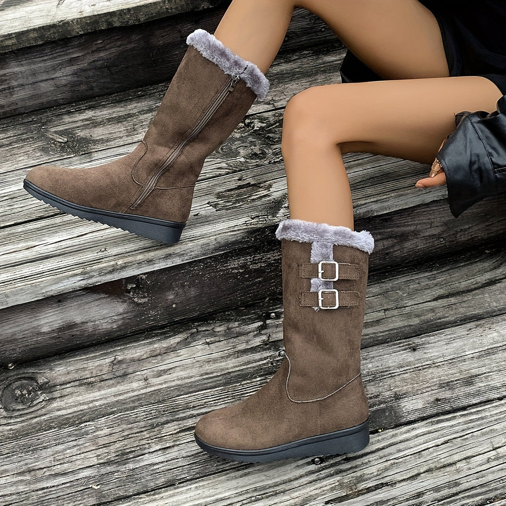 Women's fur lined winter boots with side zip and double buckle