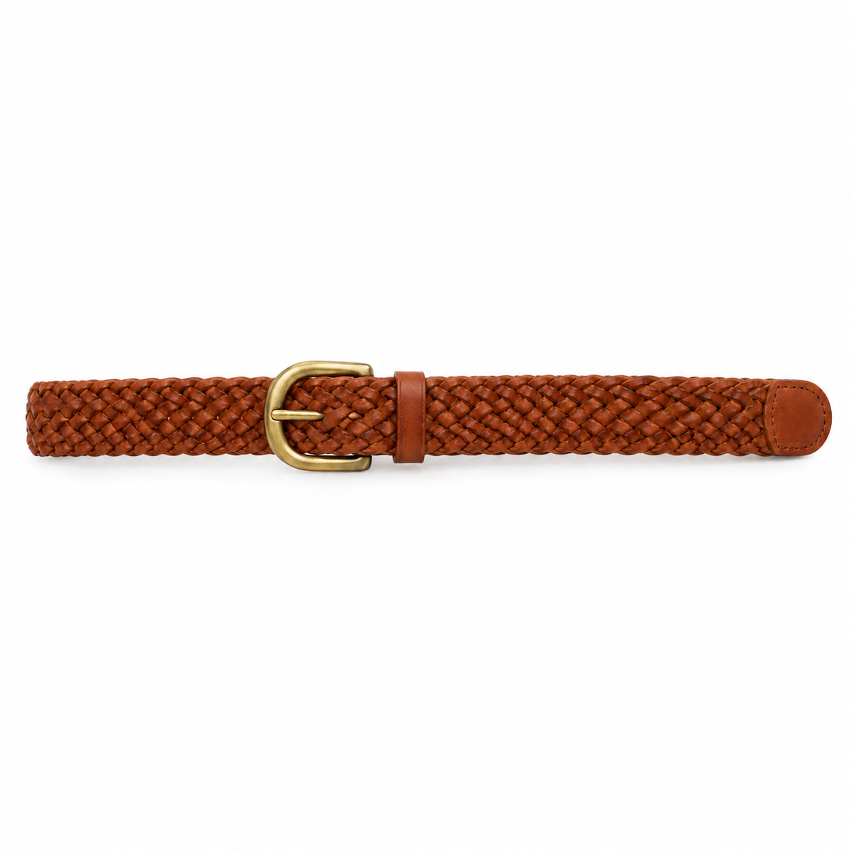 Brass buckle detail on men's leather belt.