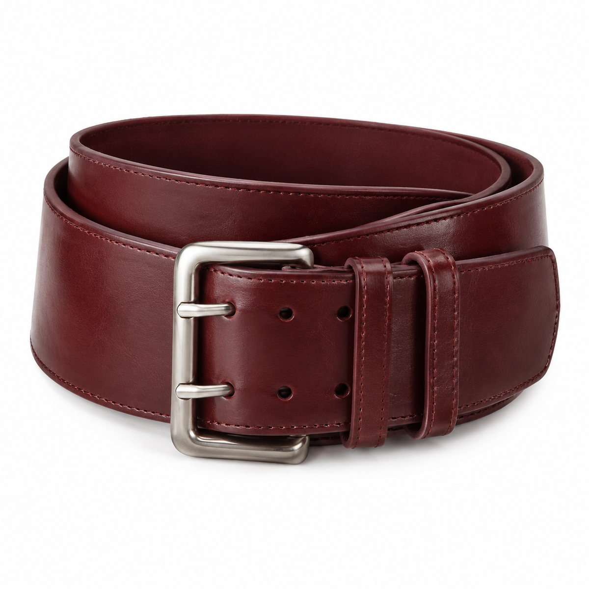 Naldony men's leather belt in burgundy with silver buckle.