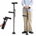 Folding walking stick with four-point base, LED light and alarm