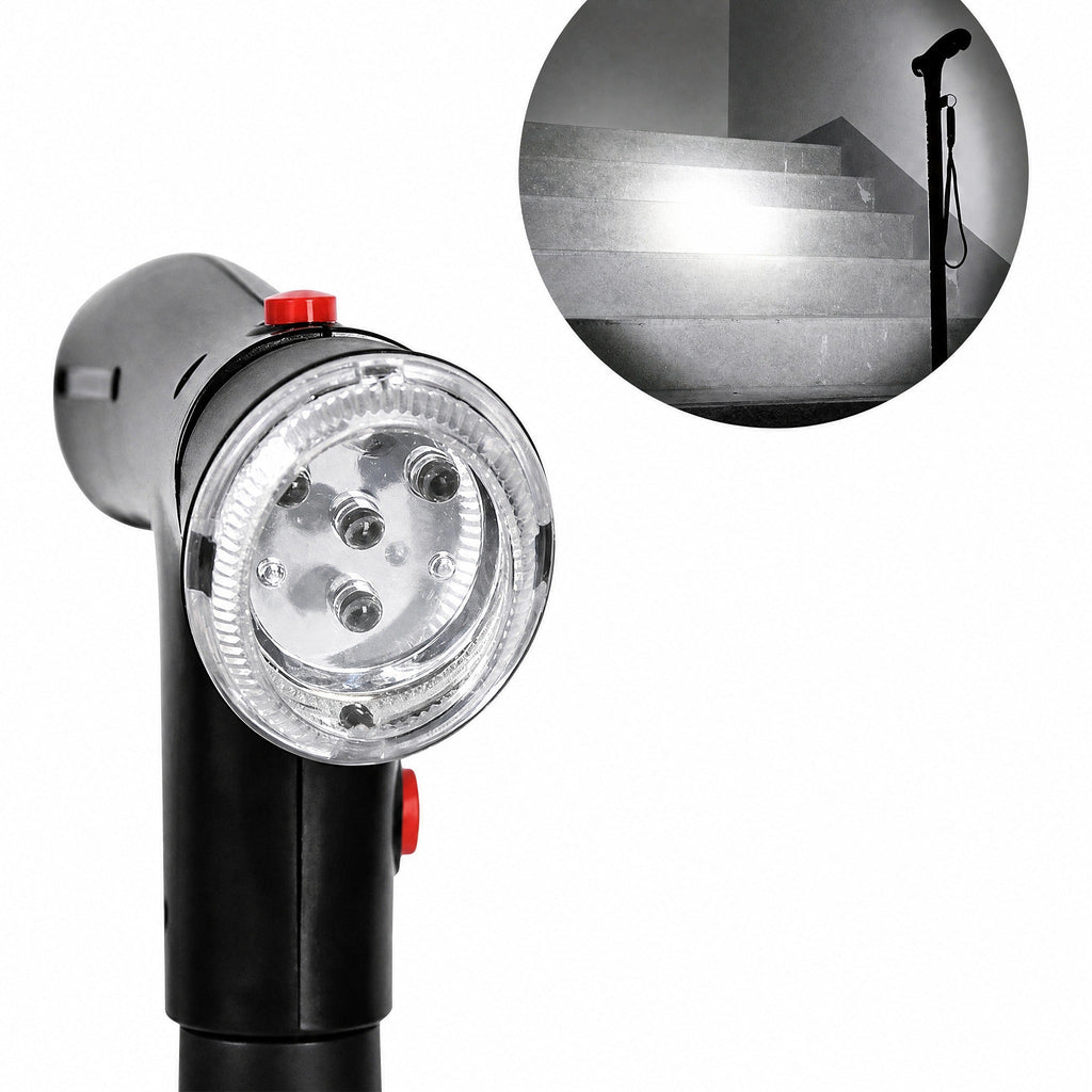 Folding walking stick with four-point base, LED light and alarm