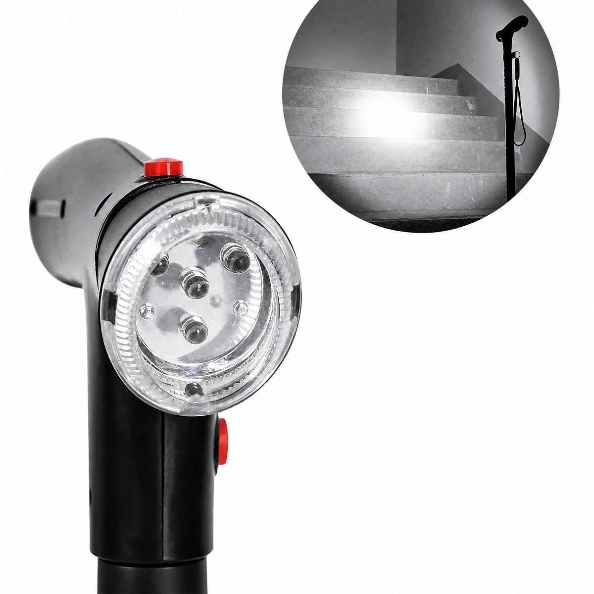 Folding walking stick with four-point base, LED light and alarm