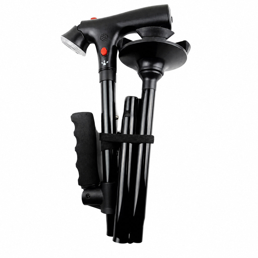 Folding walking stick with four-point base, LED light and alarm