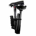 Folding walking stick with four-point base, LED light and alarm