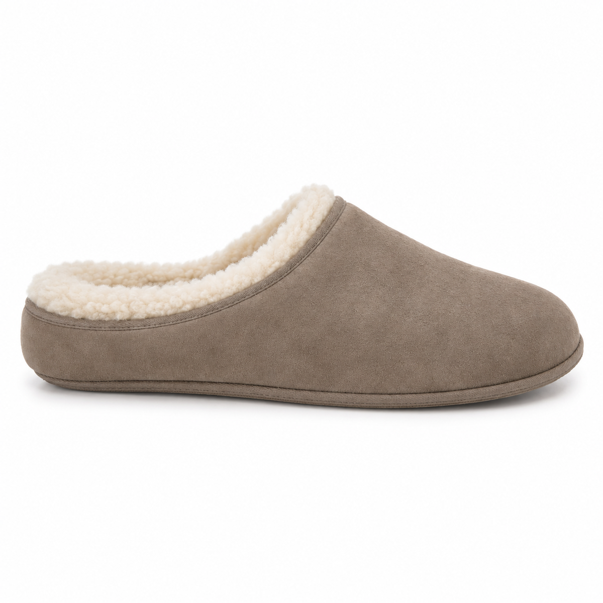 Top view of taupe suede slipper.