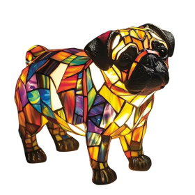 Stained glass dog night light lamp, hand-painted resin, USB, 17cm