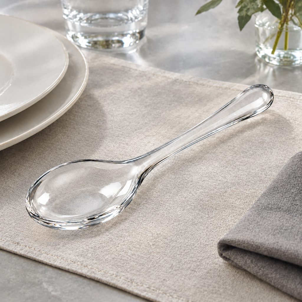 Transparent serving spoon made from durable glass.