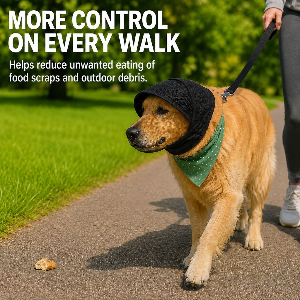 Breathable Anti-Scavenging Dog Muzzle for Walks - Mesh Hood Helps Block Food Scraps & Rubbish