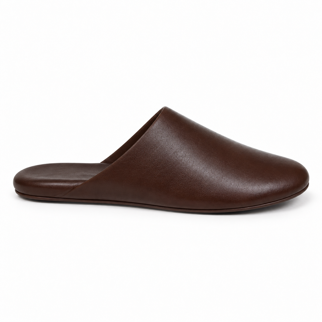 Men's leather slipper in rich brown, top view.