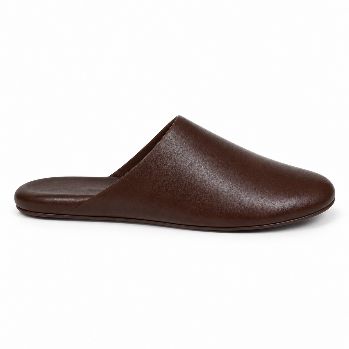 Men's leather slipper in rich brown, top view.