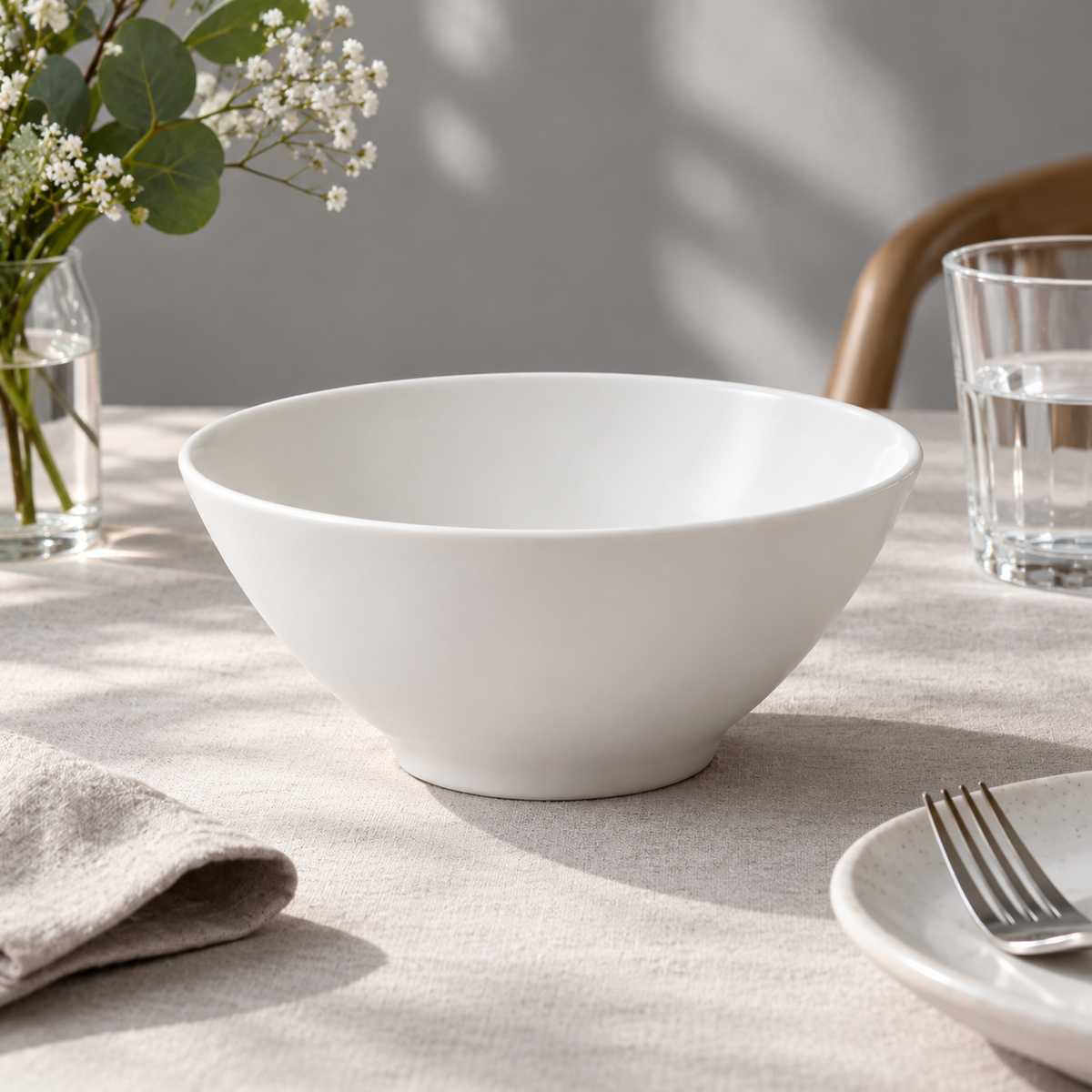 Side angle of white porcelain bowl.