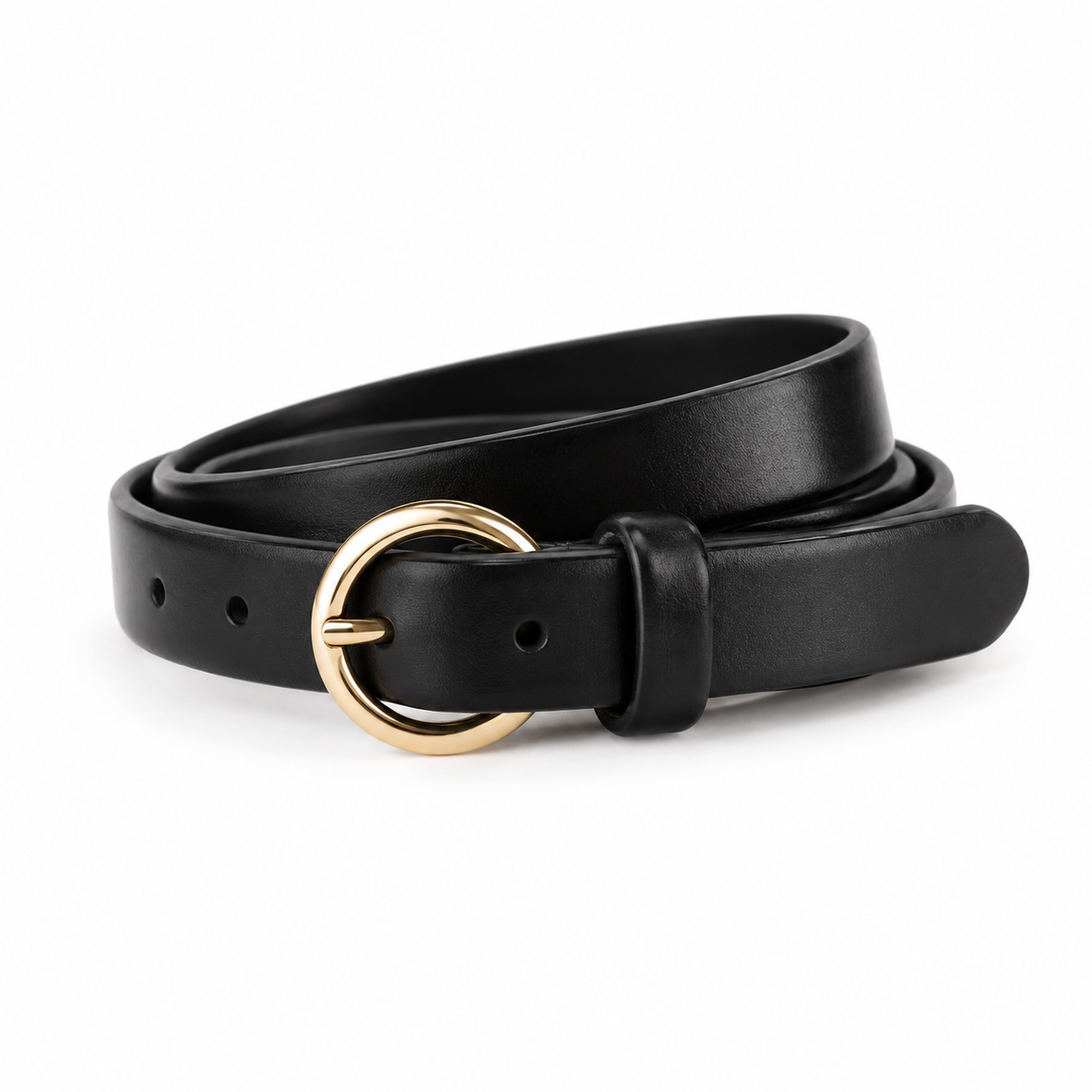 Black leather belt with gold buckle, coiled.