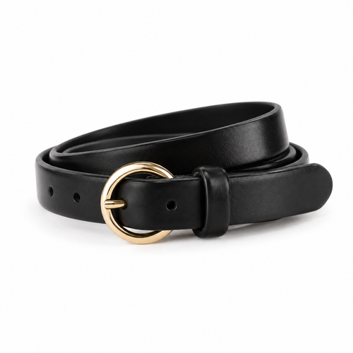 Black leather belt with gold buckle, coiled.