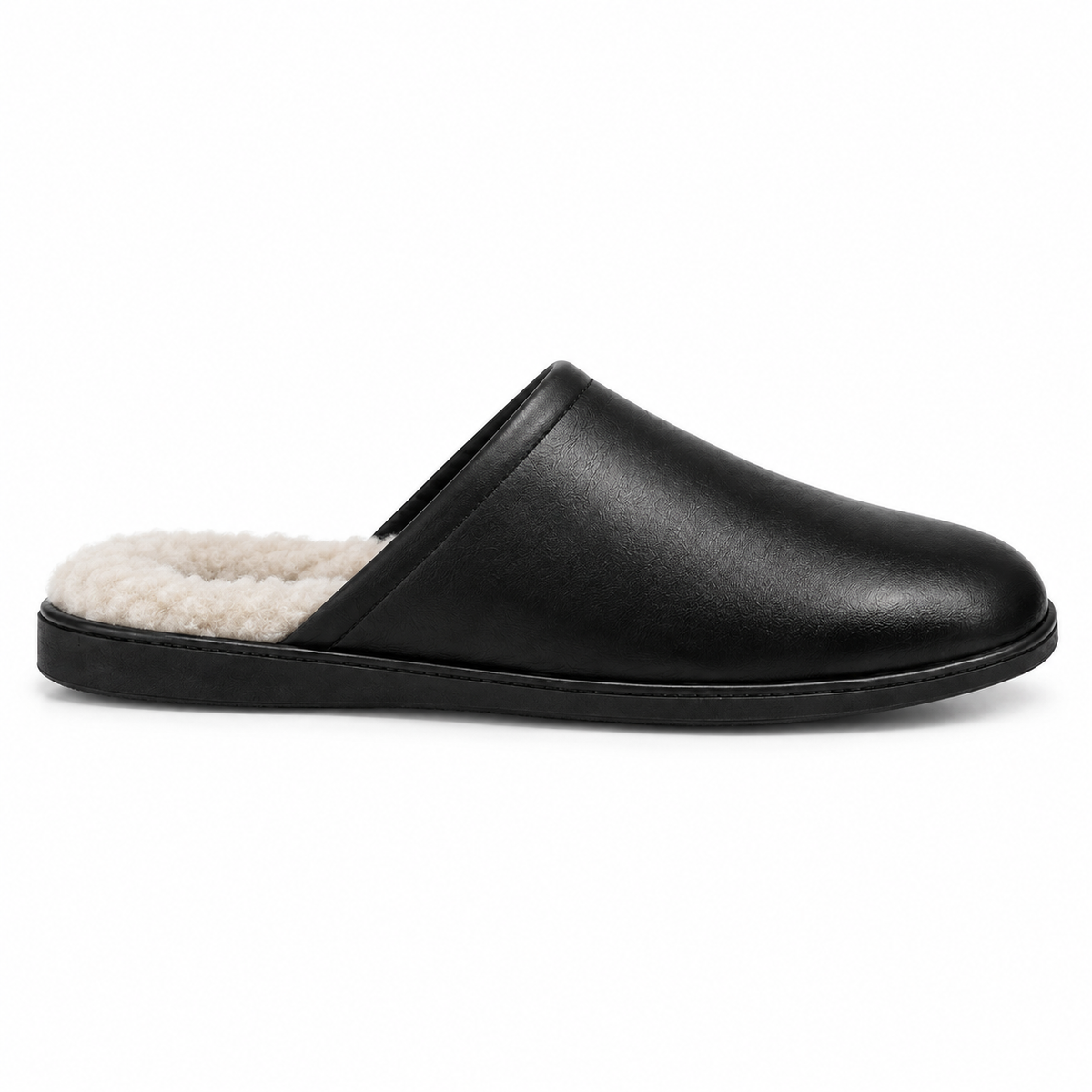 Naldony slipper showcasing black leather exterior and white faux fur.