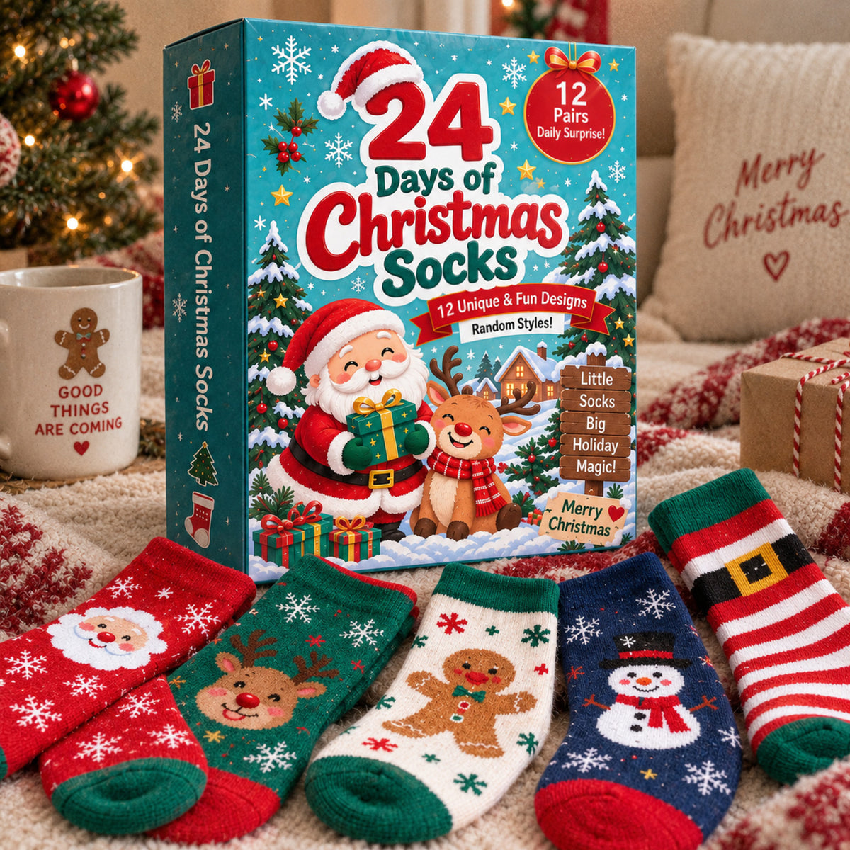 24 Days of Christmas Socks Advent Calendar, 12-Pair Mystery Sock Gift Box, Random Festive Designs, Holiday Countdown Christmas Gift for Kids/Women