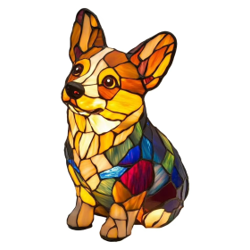 Stained glass dog night light lamp, hand-painted resin, USB, 17cm