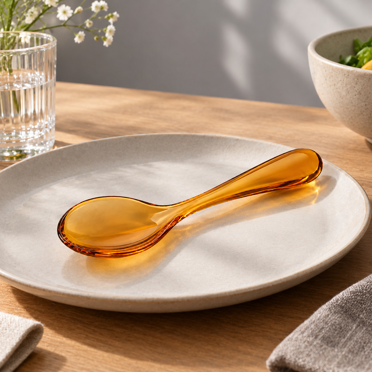 Side view of amber acrylic spoon.