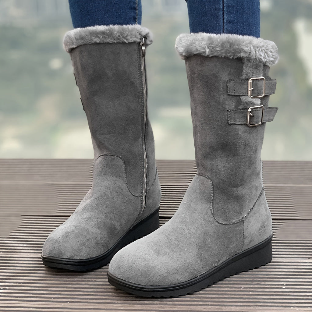 Women's fur lined winter boots with side zip and double buckle