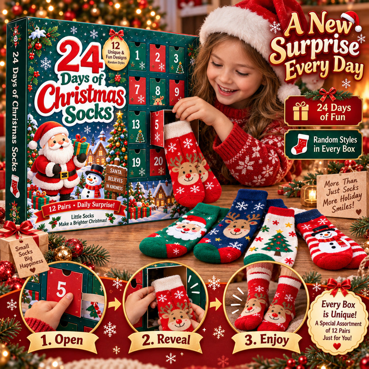24 Days of Christmas Socks Advent Calendar, 12-Pair Mystery Sock Gift Box, Random Festive Designs, Holiday Countdown Christmas Gift for Kids/Women