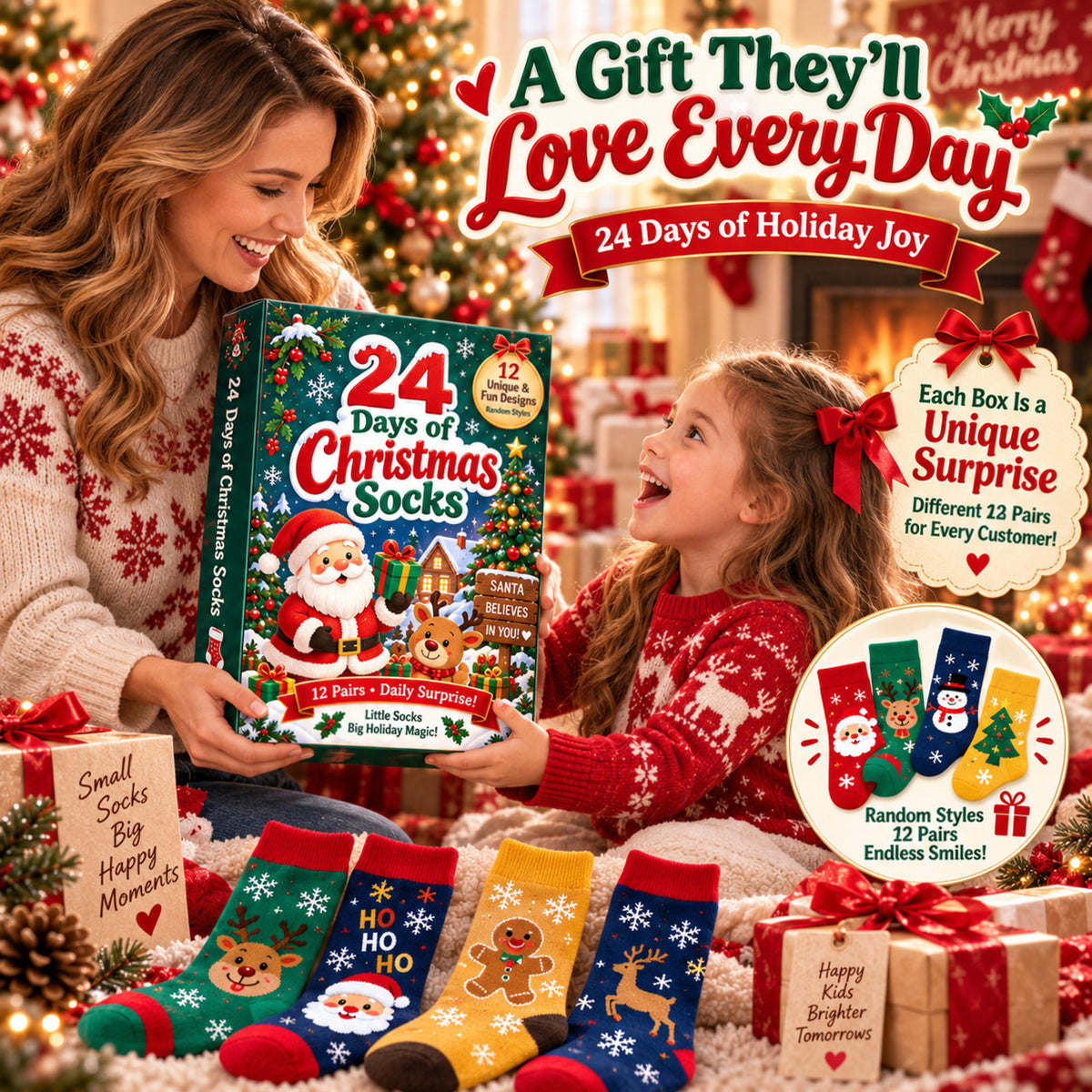 24 Days of Christmas Socks Advent Calendar, 12-Pair Mystery Sock Gift Box, Random Festive Designs, Holiday Countdown Christmas Gift for Kids/Women