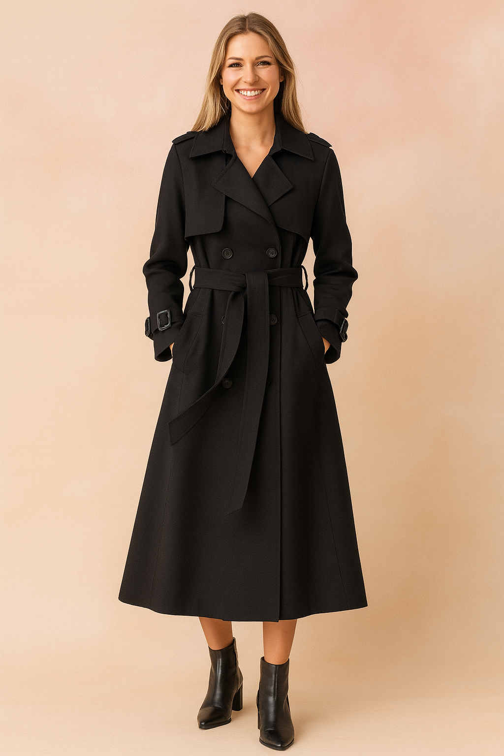 Women's long double-breasted trench coat with belt