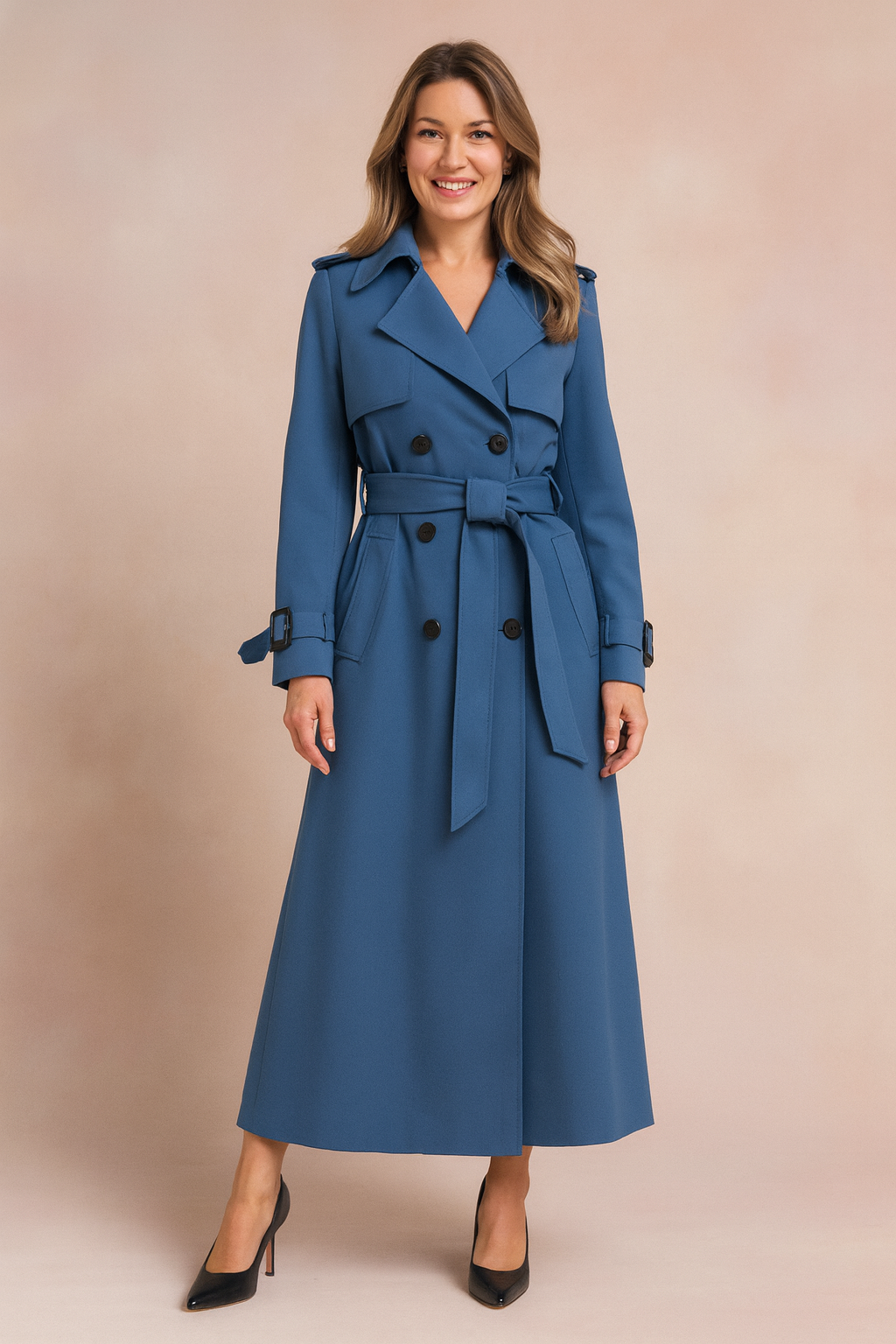Women's long double-breasted trench coat with belt
