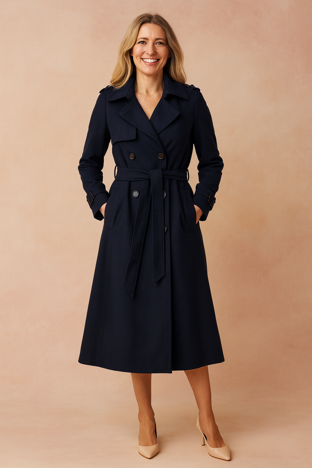 Women's long double-breasted trench coat with belt