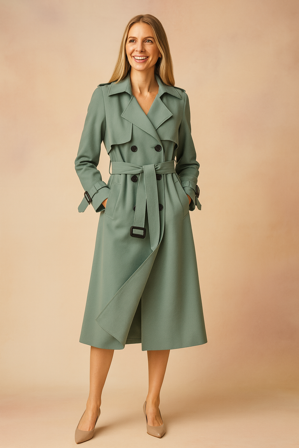 Women's long double-breasted trench coat with belt