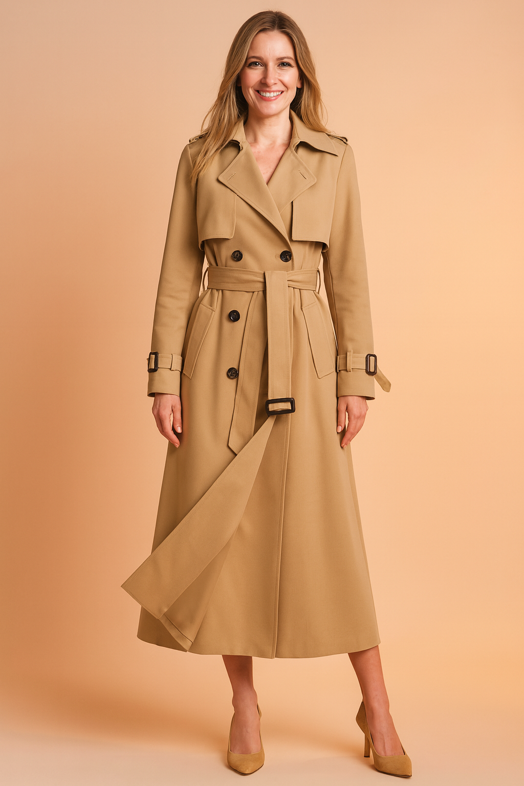 Women's long double-breasted trench coat with belt
