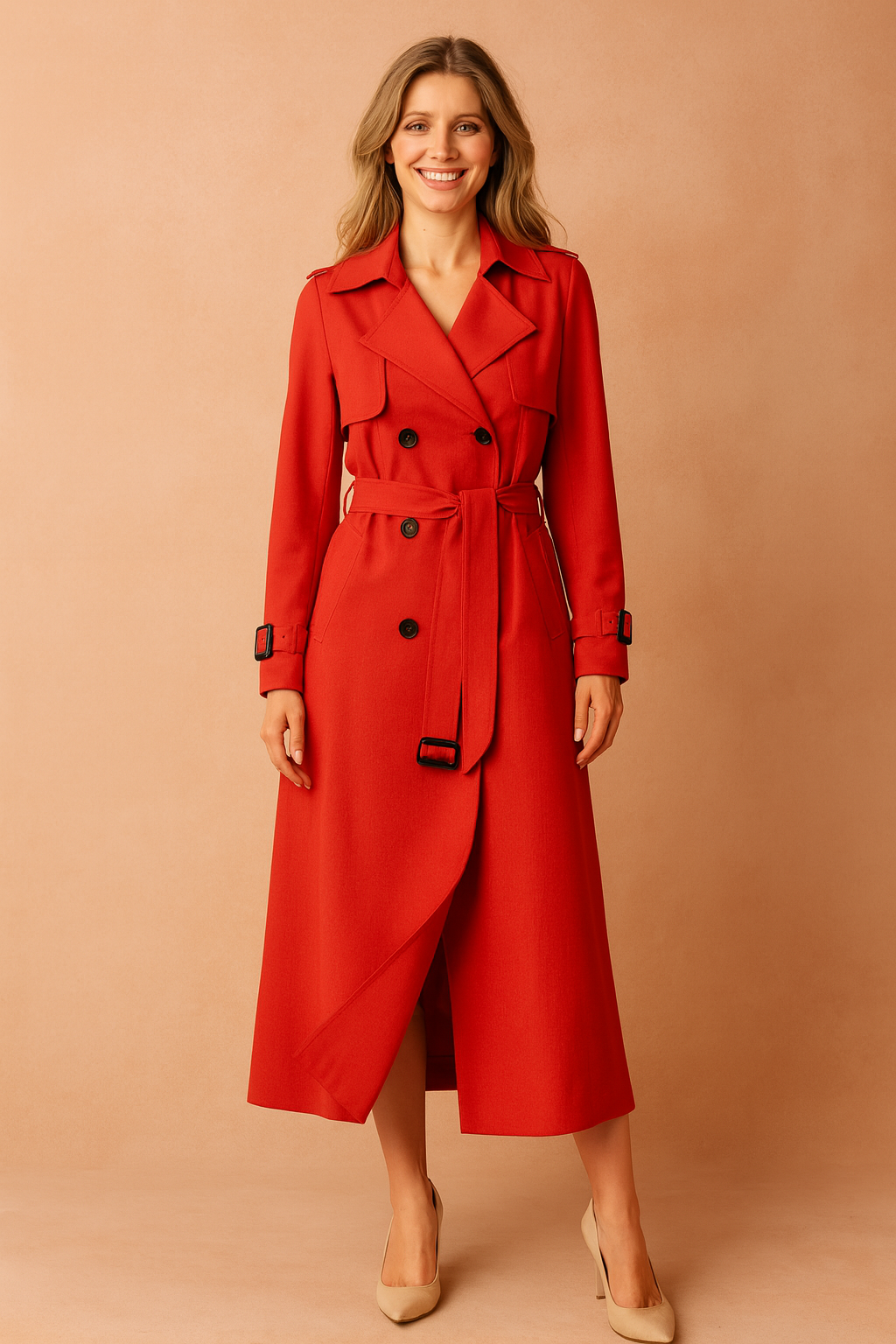 Women's long double-breasted trench coat with belt