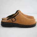 Closed toe leather-look clogs with buckle strap