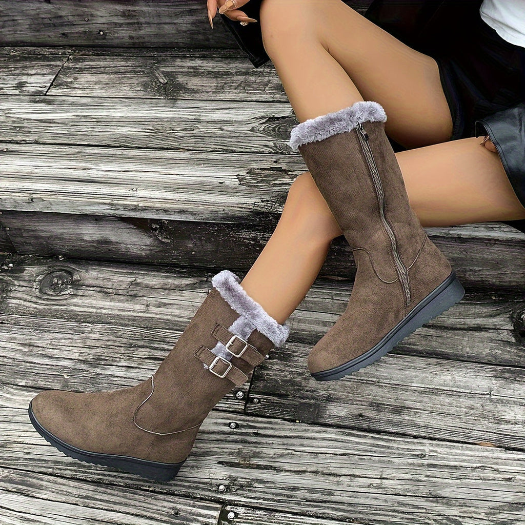 Women's fur lined winter boots with side zip and double buckle