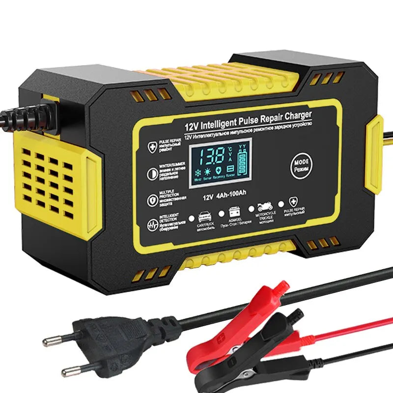 Intelligent 12V 6A charger with pulse repair and LCD display for car and motorbike batteries