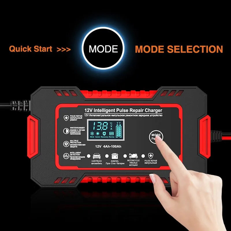 Intelligent 12V 6A charger with pulse repair and LCD display for car and motorbike batteries