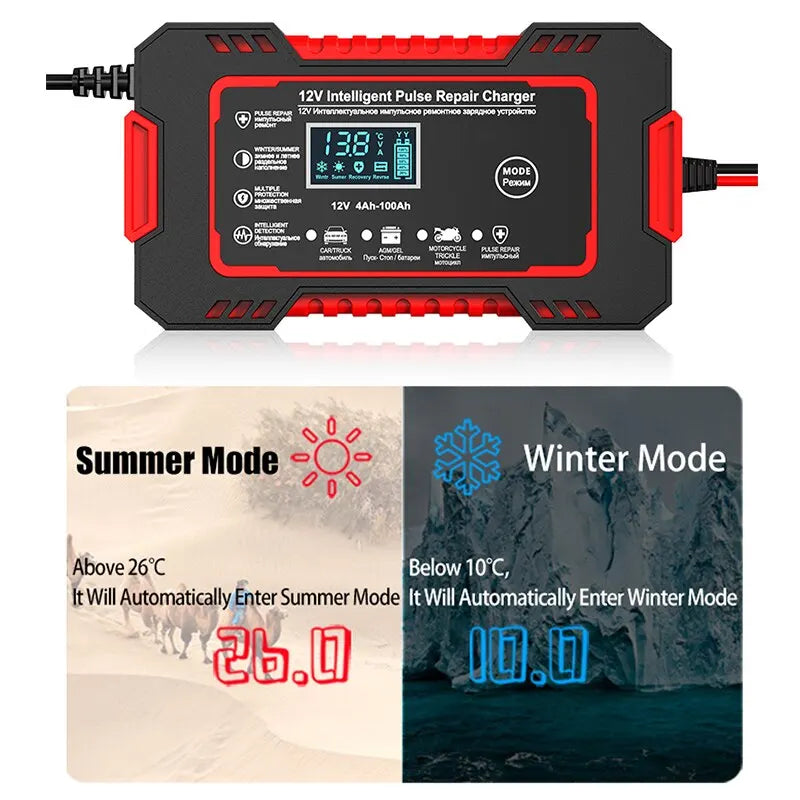 Intelligent 12V 6A charger with pulse repair and LCD display for car and motorbike batteries