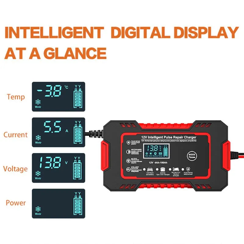 Intelligent 12V 6A charger with pulse repair and LCD display for car and motorbike batteries