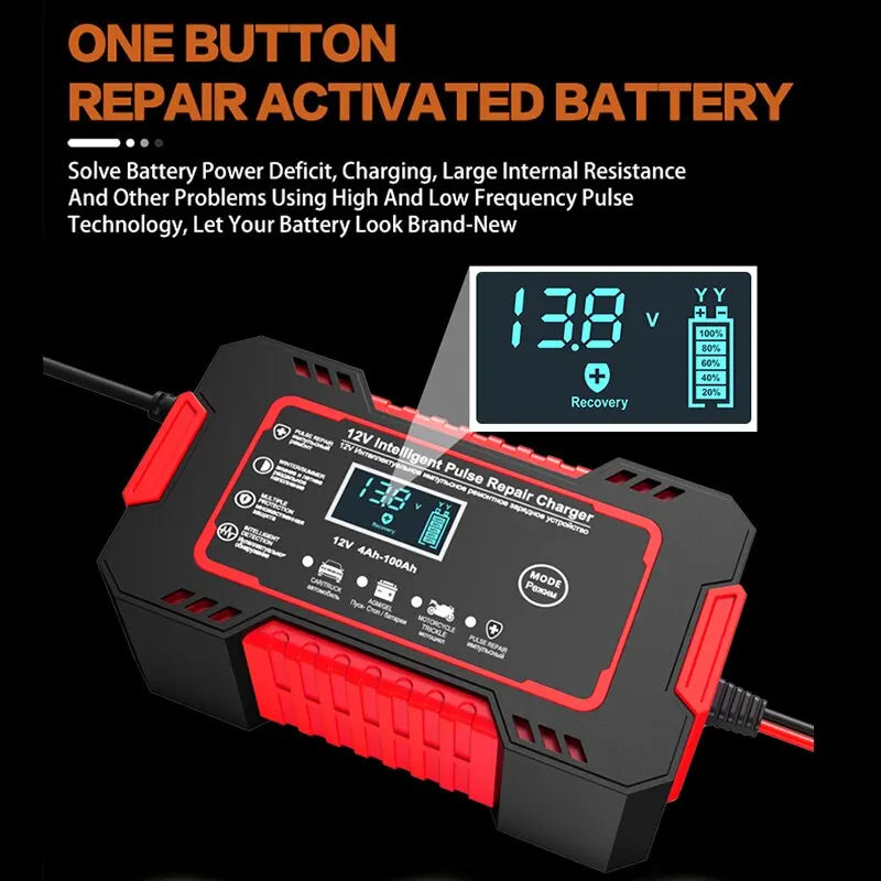 Intelligent 12V 6A charger with pulse repair and LCD display for car and motorbike batteries