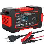 Intelligent 12V 6A charger with pulse repair and LCD display for car and motorbike batteries