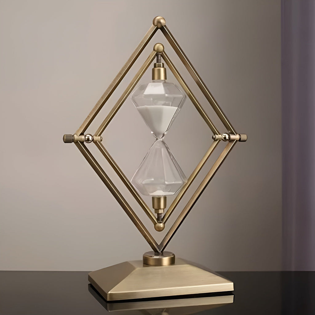 Hourglass with geometric metal frame – Meditation timer with white sand