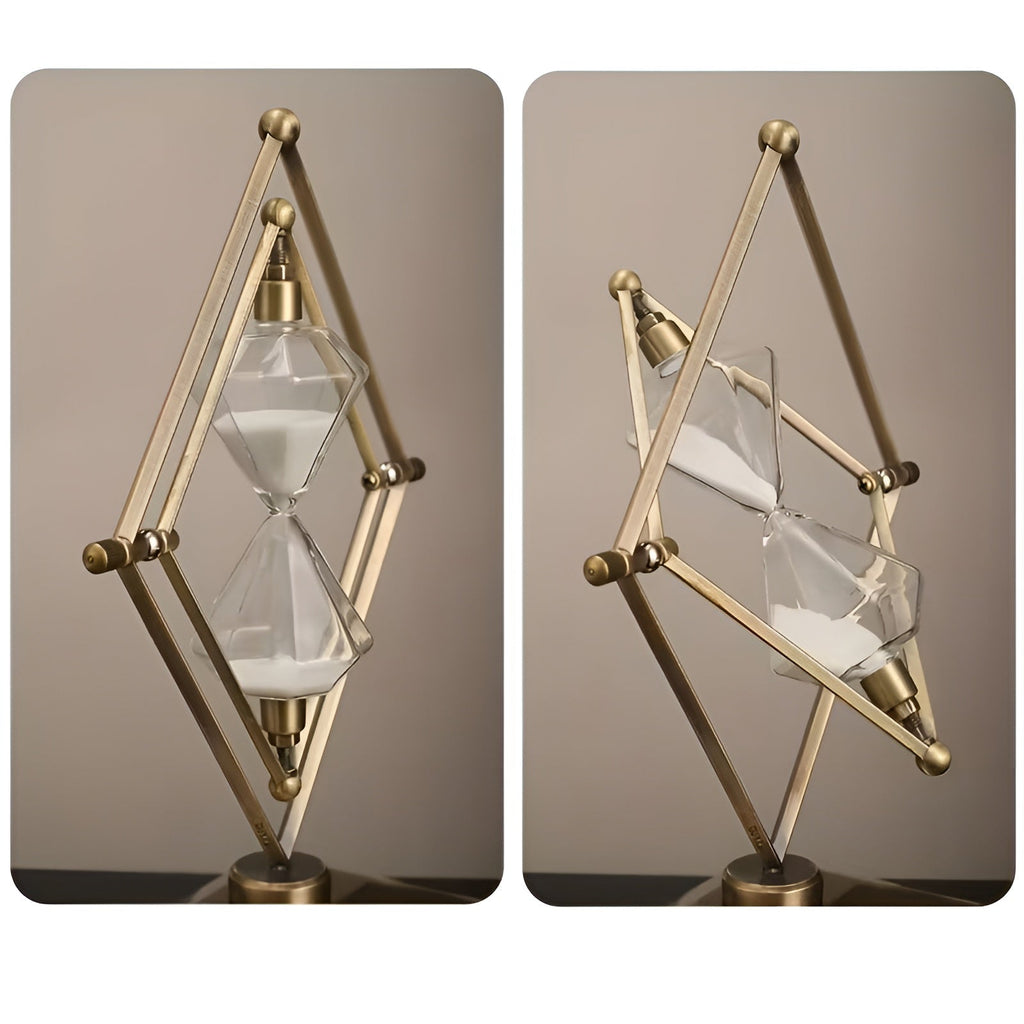 Hourglass with geometric metal frame – Meditation timer with white sand
