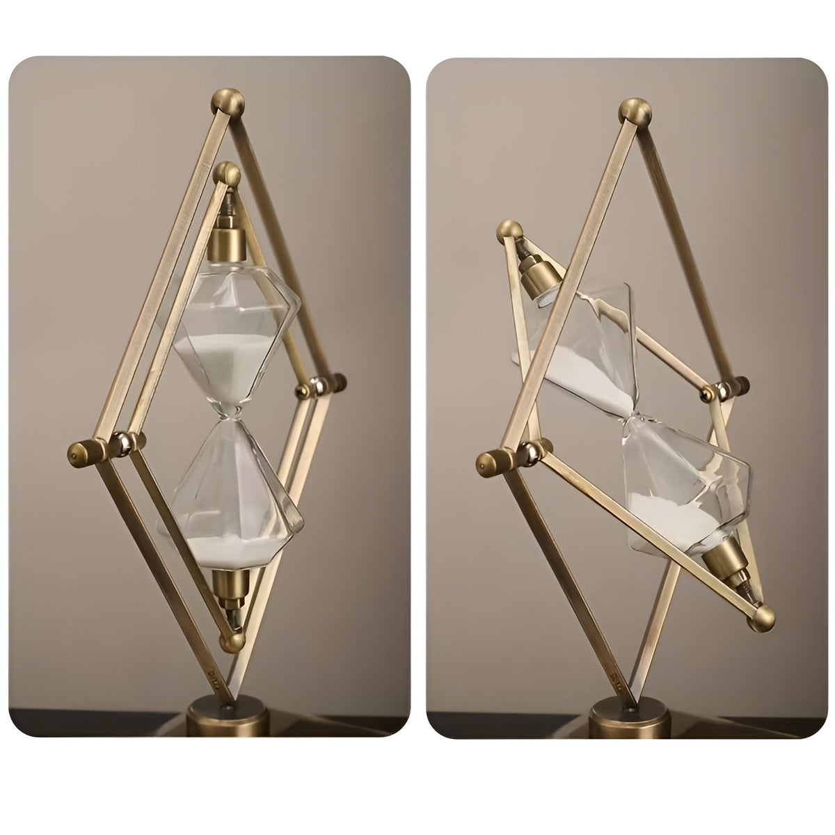 Hourglass with geometric metal frame – Meditation timer with white sand