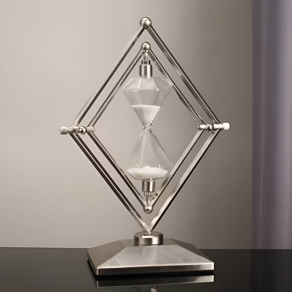 Hourglass with geometric metal frame – Meditation timer with white sand