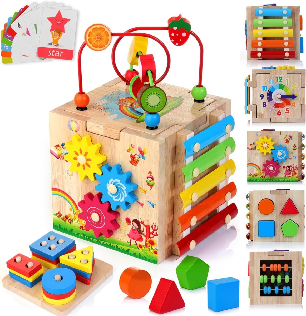 MINDBLOX – 8-in-1 Wooden Montessori Learning Cube for Toddlers with Educational Games
