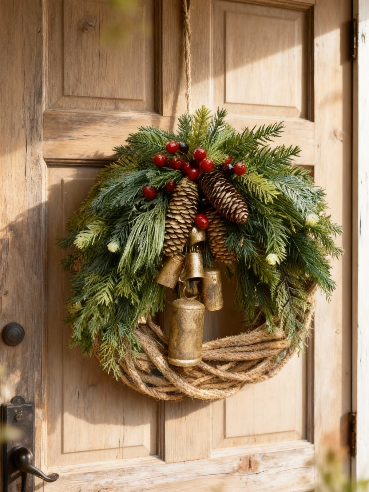 Handmade Bohemian Winter Wreath | Bells, Pinecones & Berries | 43 cm | Indoor/Outdoor
