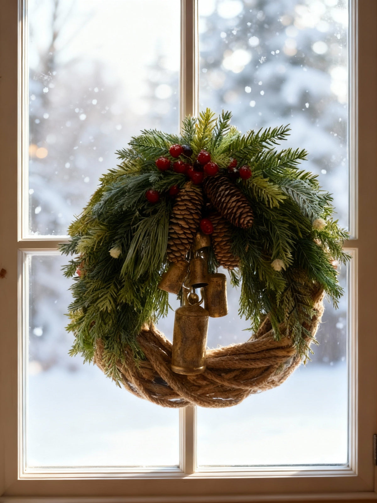 Handmade Bohemian Winter Wreath | Bells, Pinecones & Berries | 43 cm | Indoor/Outdoor