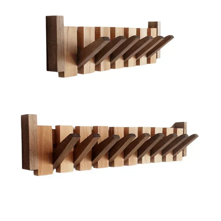 Wall-mounted wooden piano coat rack with flip-down hooks
